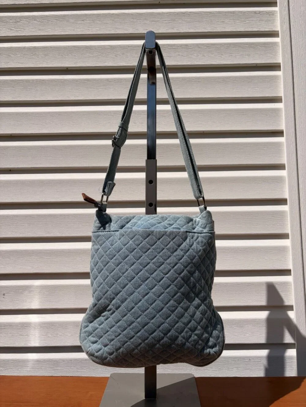 Seven Days Light Blue Quilted Chambray Crossbody Bag Purse Zipper Pockets